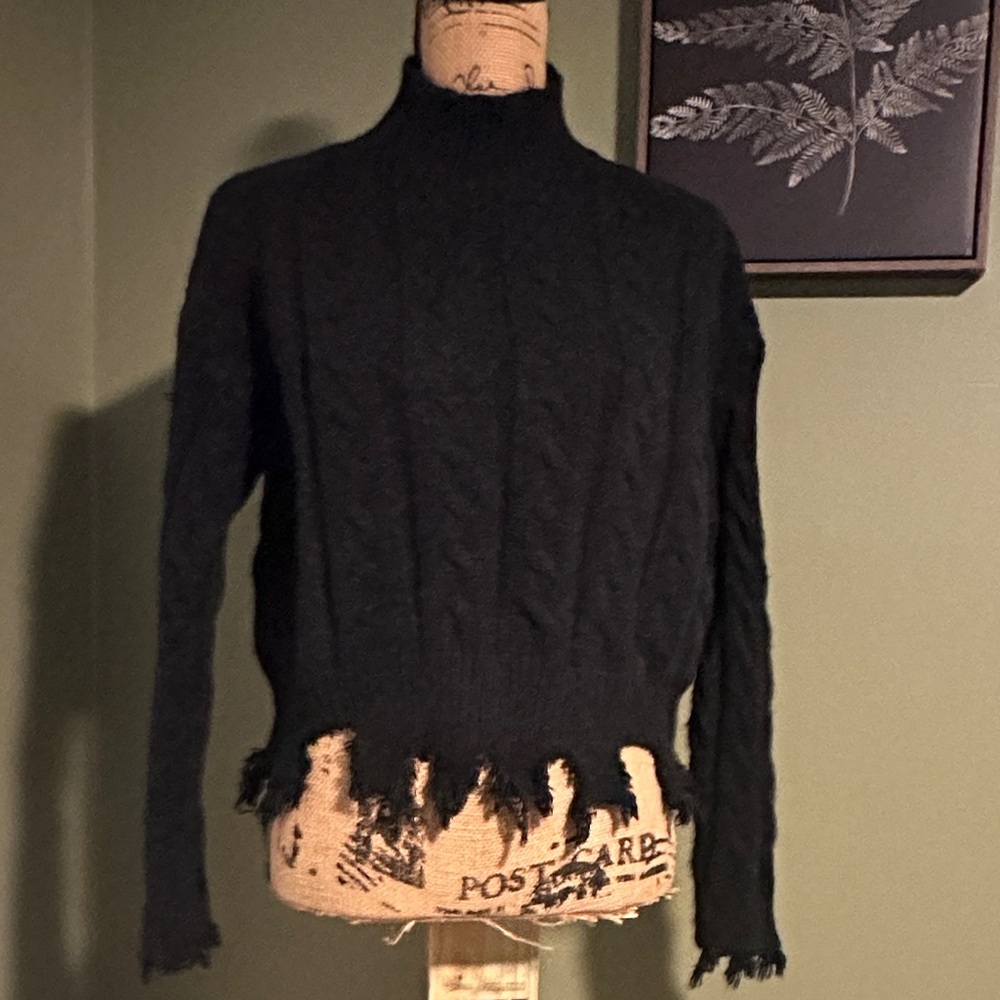 Newbury Kustom Black Turtleneck Sweater with Frayed Hem